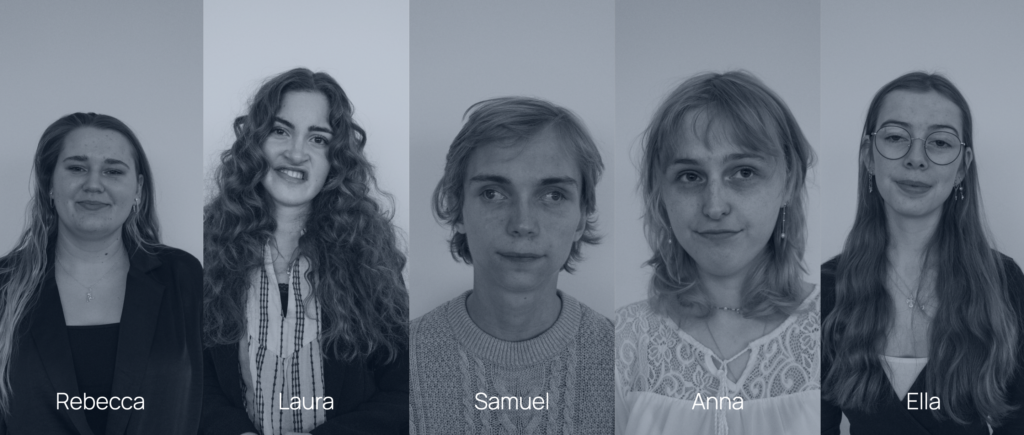 Portrætter af fem fortællere: Rebecca, Laura, Samuel, Anna og Ella. 